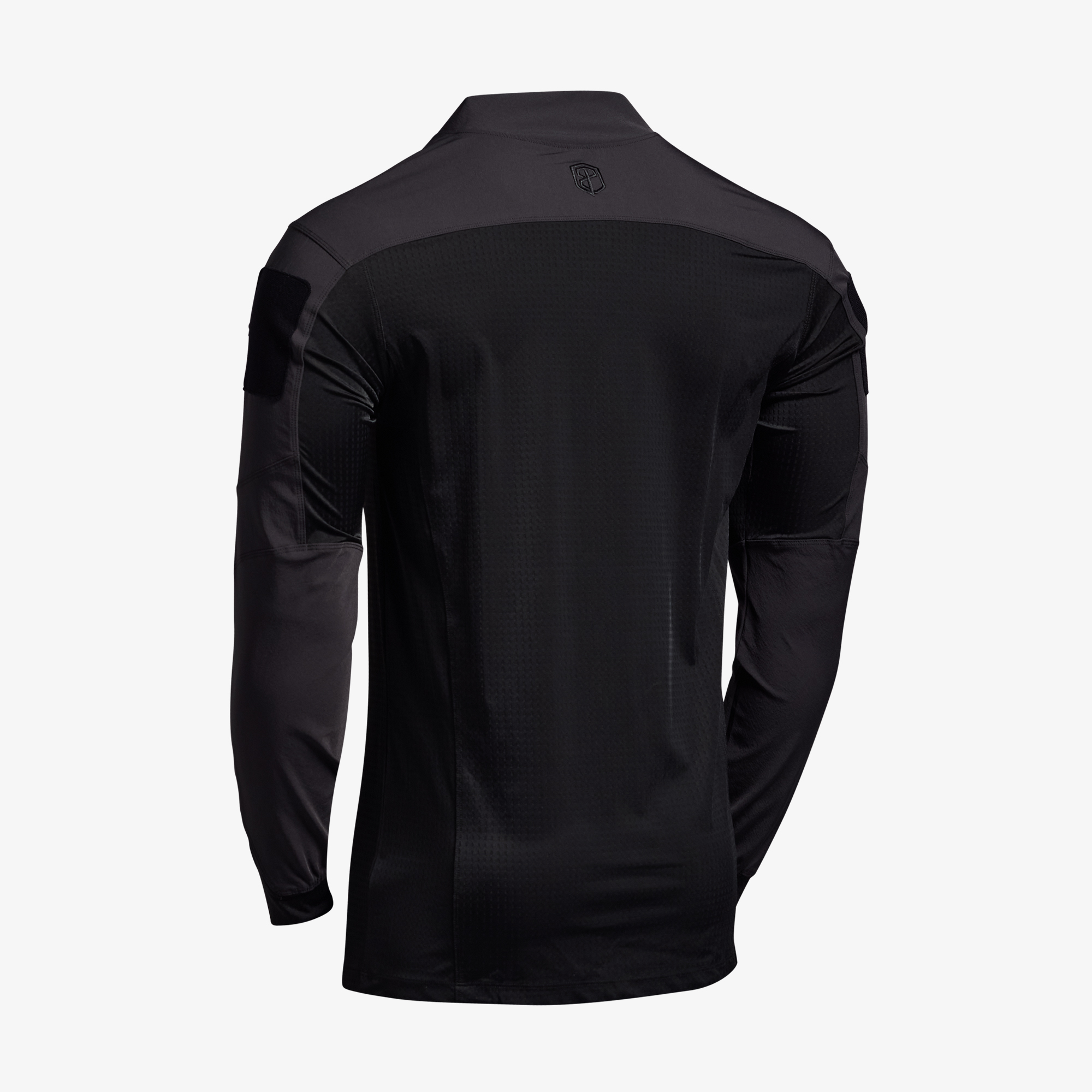 Back view of a black long-sleeve athletic shirt on a white background.