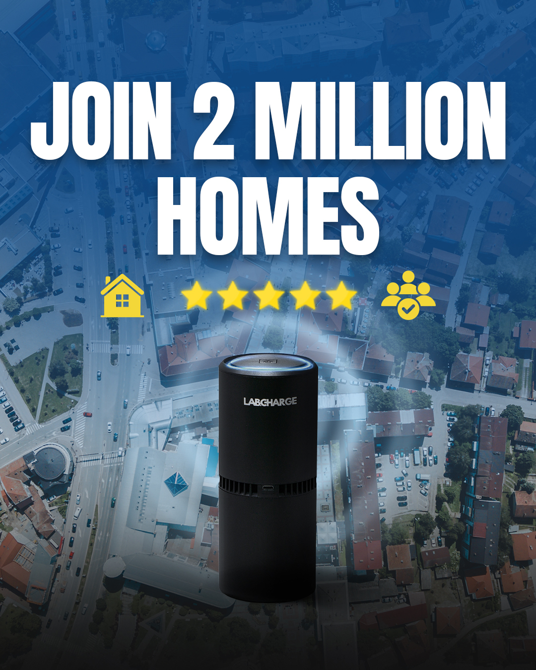 Air purifier advertisement with 'Join 2 Million Homes' text and a cityscape background.