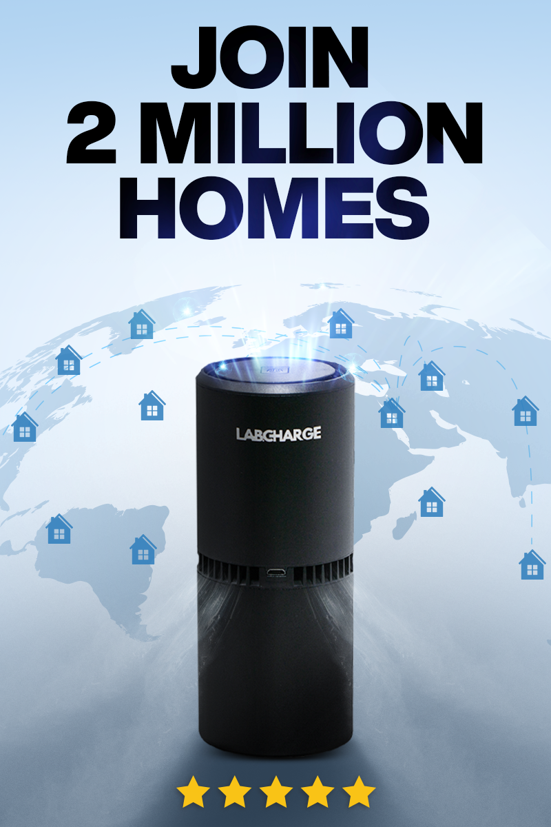 Black cylindrical device labeled 'LABCHARGE' with glowing top, world map, and 'Join 2 Million Homes' text.