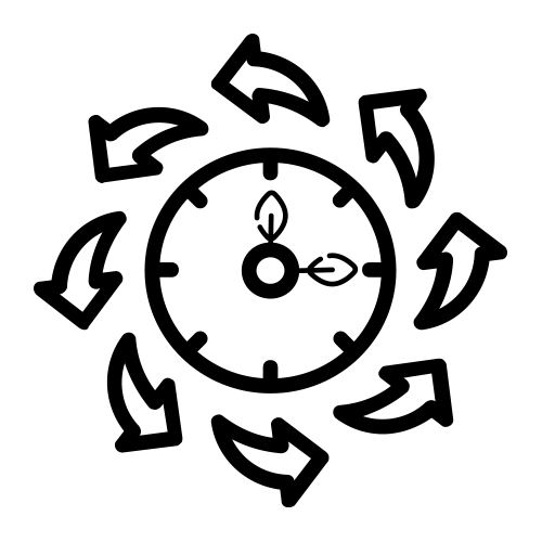 Clock with multiple arrows pointing clockwise around it.