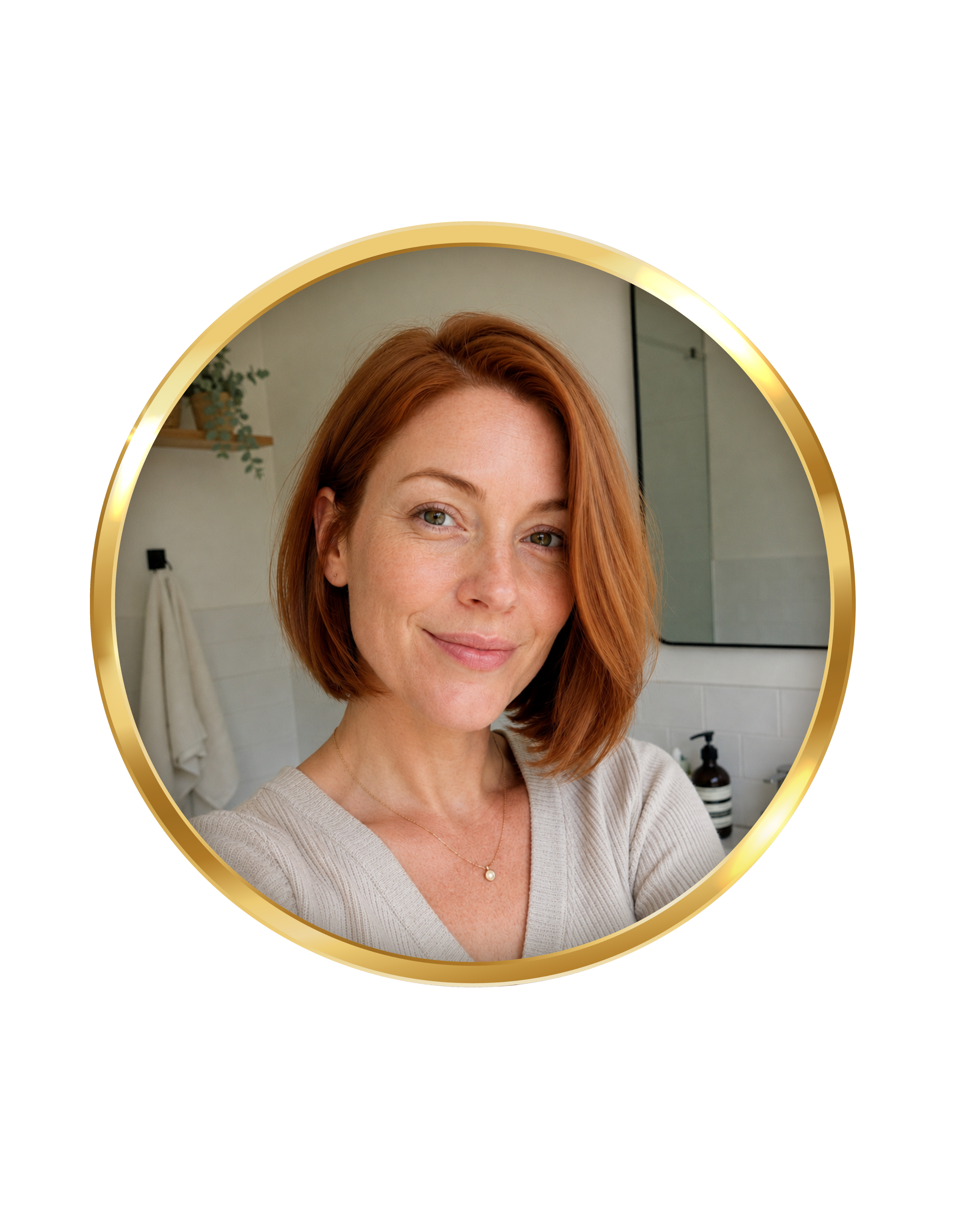 A smiling woman with short red hair, framed in a gold circle, takes a selfie in a bathroom.