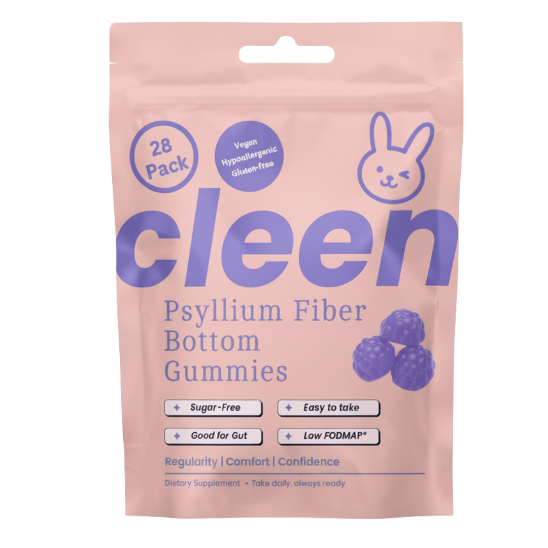 A pink package of psyllium fiber gummies with nutritional labels and a rabbit illustration.