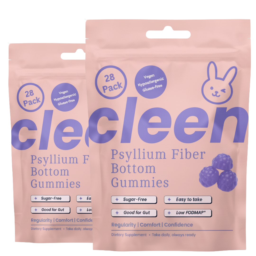 Two pink bags of cleen Psyllium Fiber Gummies with purple text and graphics.