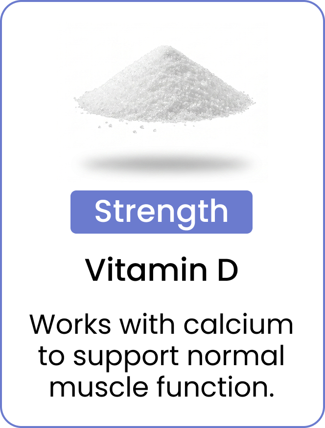 An infographic for Vitamin D, showing a pile of white crystals and describing its benefits for muscle function.