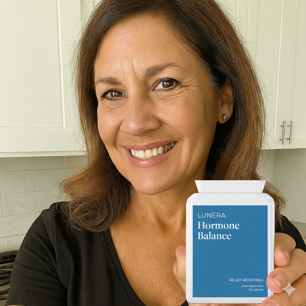 Woman in black shirt holding a Hormone Balance supplement bottle.