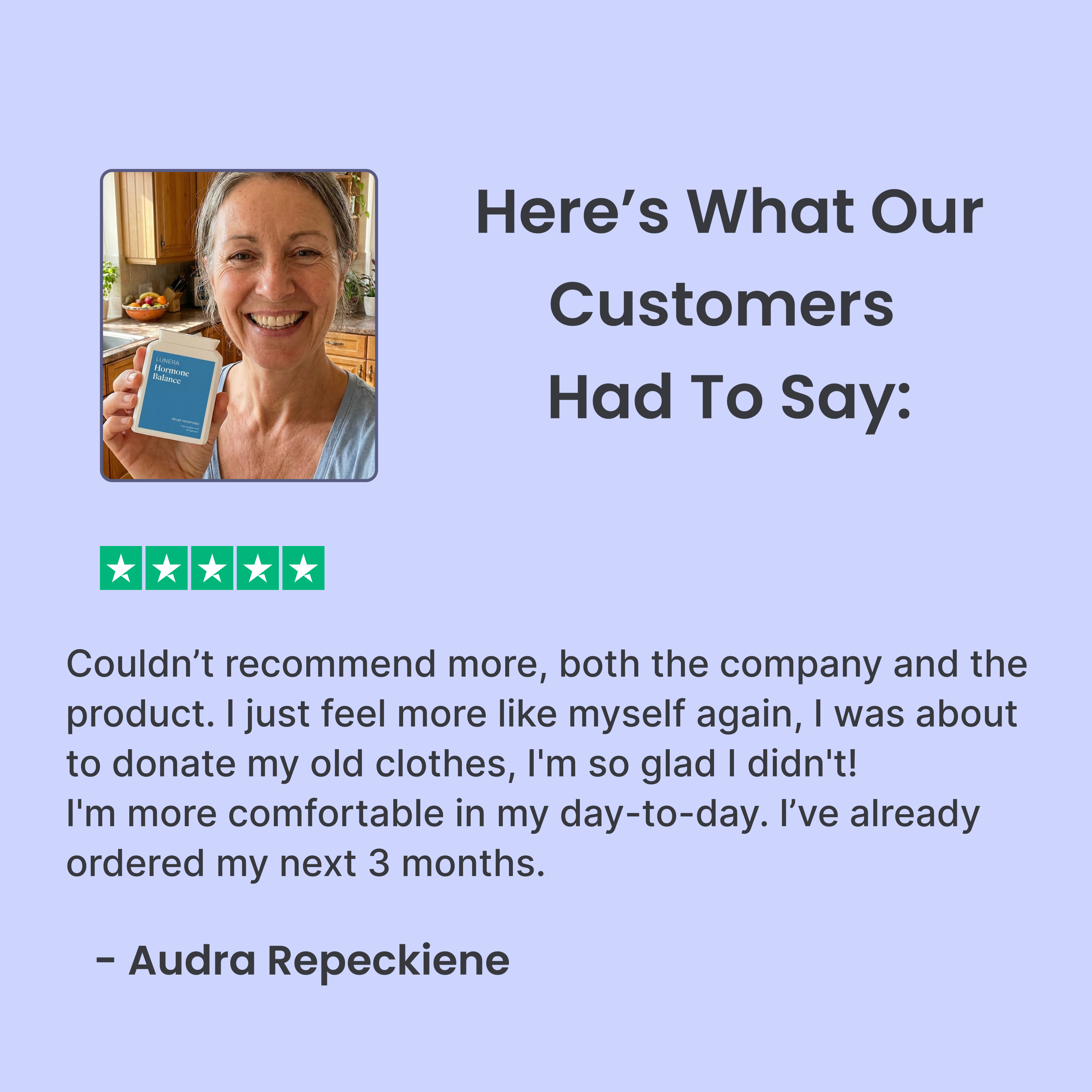 A customer testimonial featuring a photo of a smiling woman holding a supplement bottle next to her five-star review.