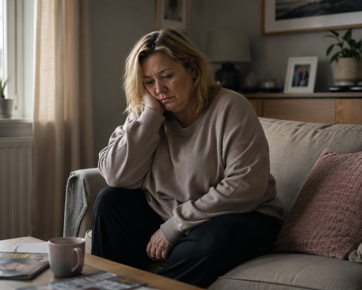 A woman with a sad expression sits on a couch, resting her head on her hand.