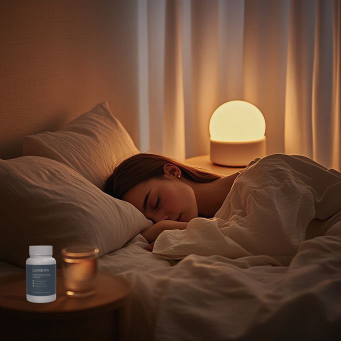 Woman sleeping in bed with a glowing lamp and a bottle on the nightstand.