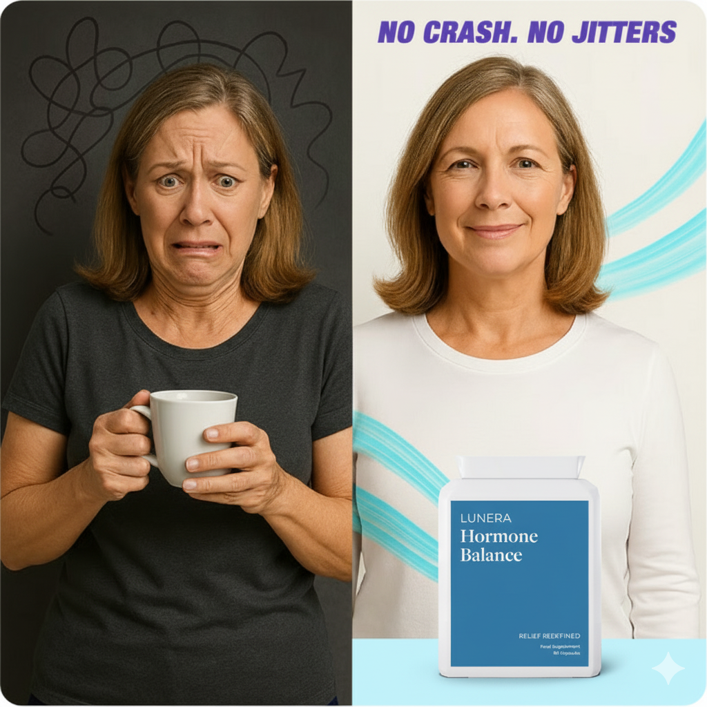 A woman looking stressed holding a cup, and then calm with a supplement bottle.