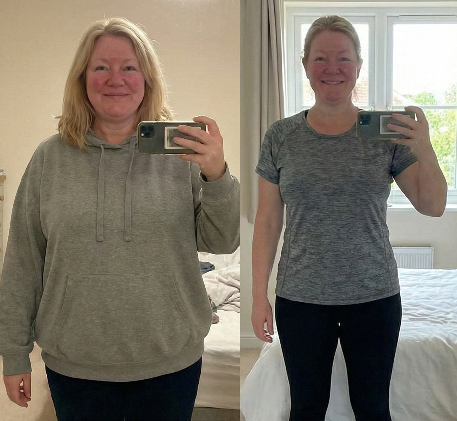 Two side-by-side self-portrait photos in different outfits.