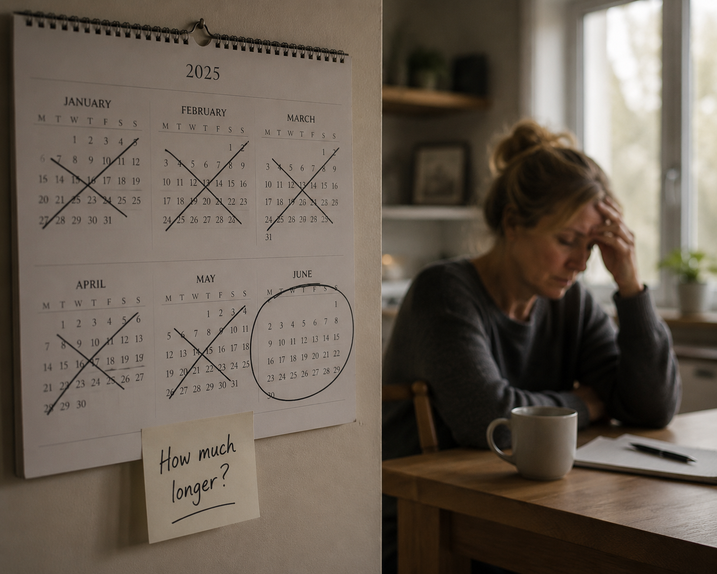 A stressed woman sits at a table beside a 2025 calendar with months crossed off.