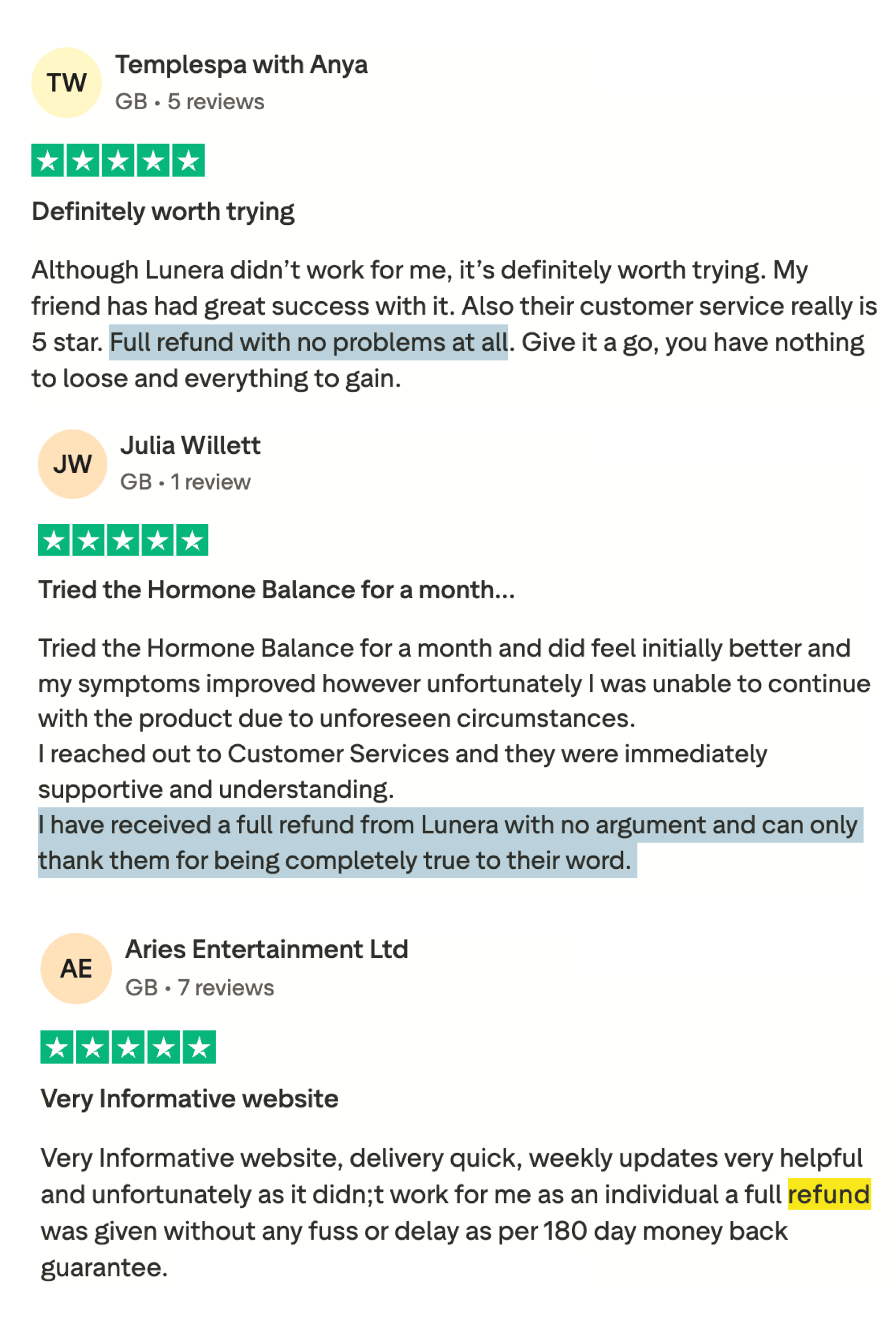 A screenshot of three five-star customer reviews, with sections about getting a full refund highlighted.