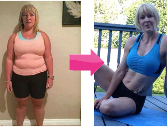 Before and after photos of a woman showing weight loss transformation.