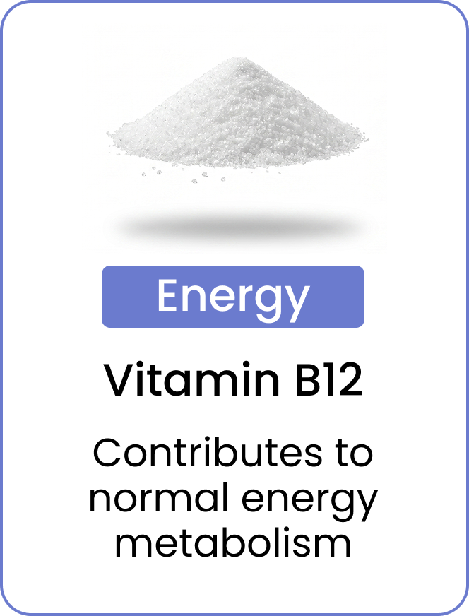 A pile of white crystals above text reading 'Energy, Vitamin B12, Contributes to normal energy metabolism'.