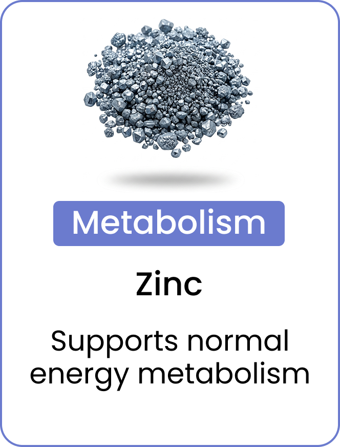 A pile of zinc granules with text about its role in metabolism.
