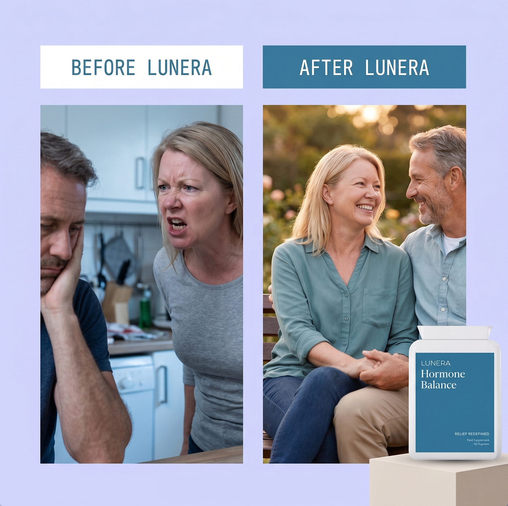 An ad for Lunera shows a couple arguing before taking the product and smiling happily after.