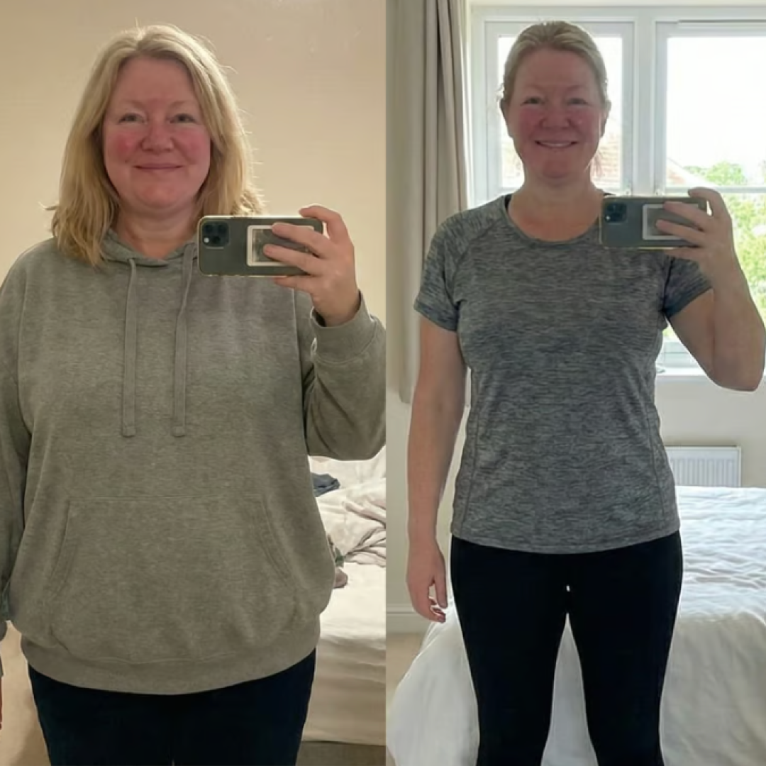 A side-by-side comparison of a woman taking a mirror selfie, first in a hoodie then in workout clothes.