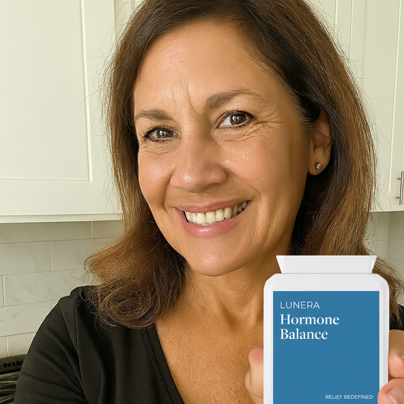 Person smiling while holding a bottle labeled 'Hormone Balance'.