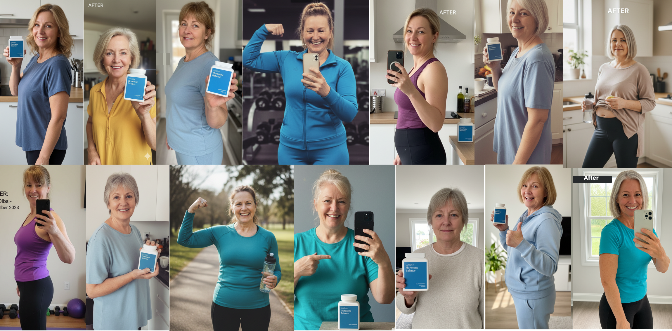 Before and after photos of a woman showing weight loss transformation.