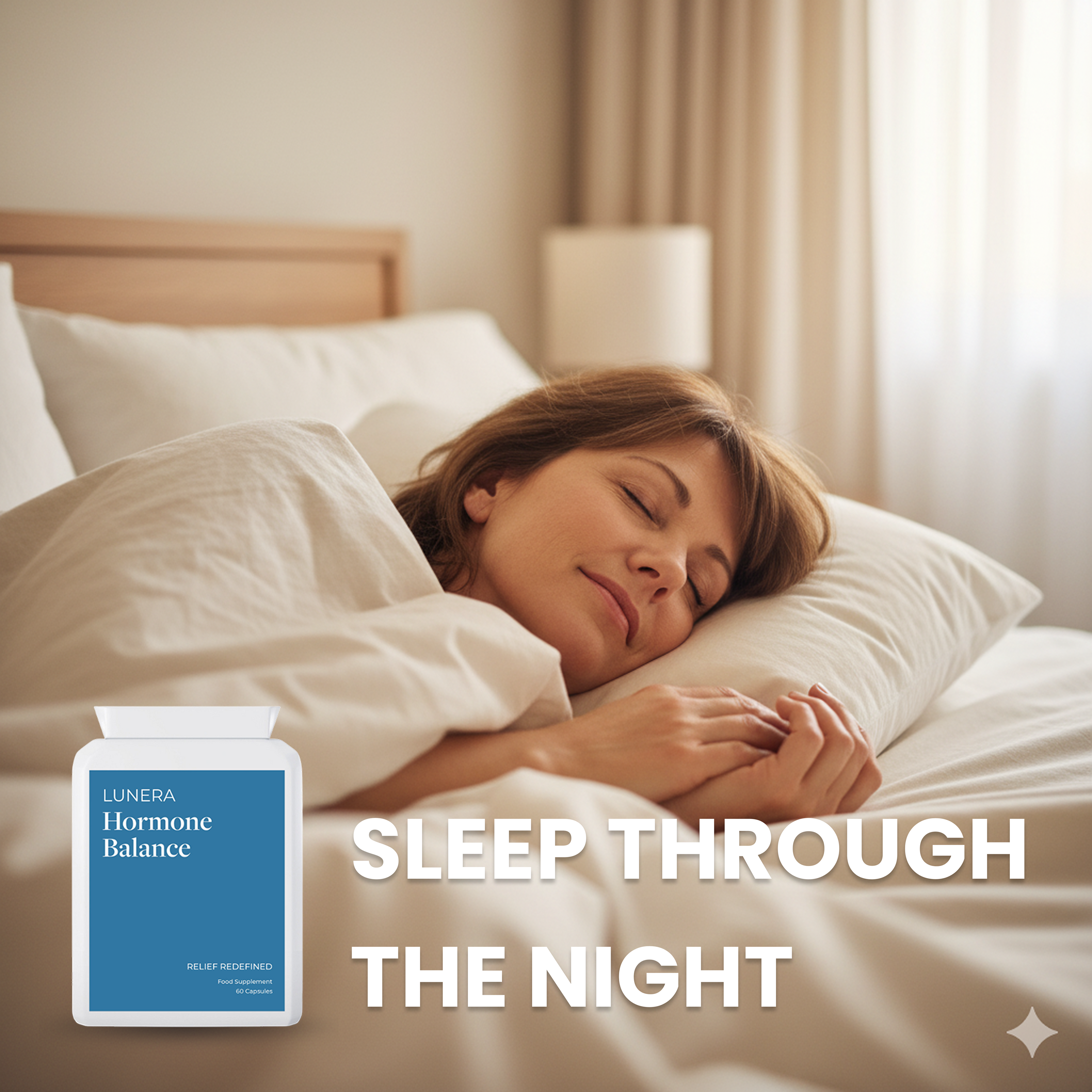 Smiling woman sleeping in bed, text reads 'Sleep Through the Night'.