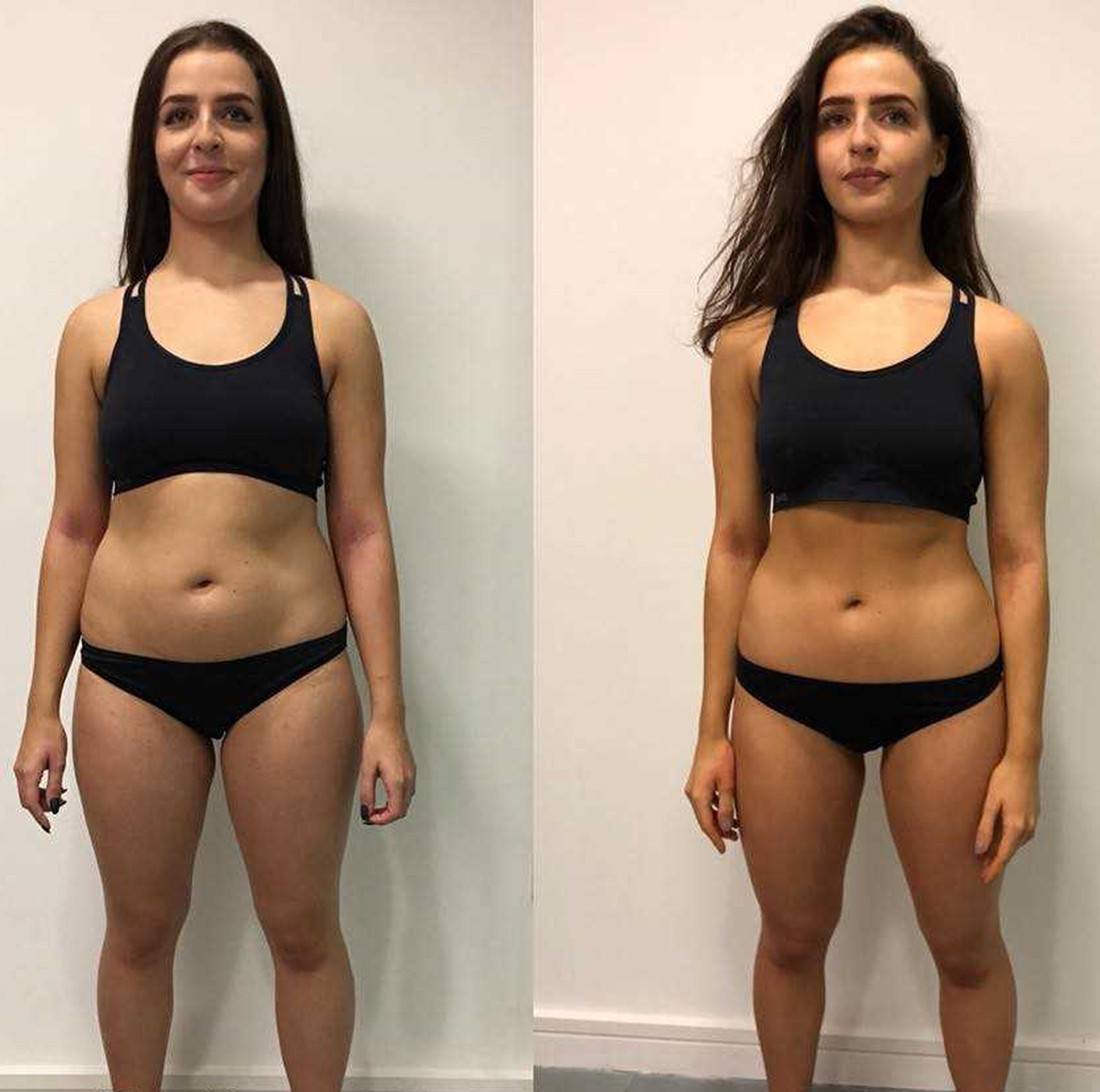 Two side-by-side images of a woman in black workout attire.