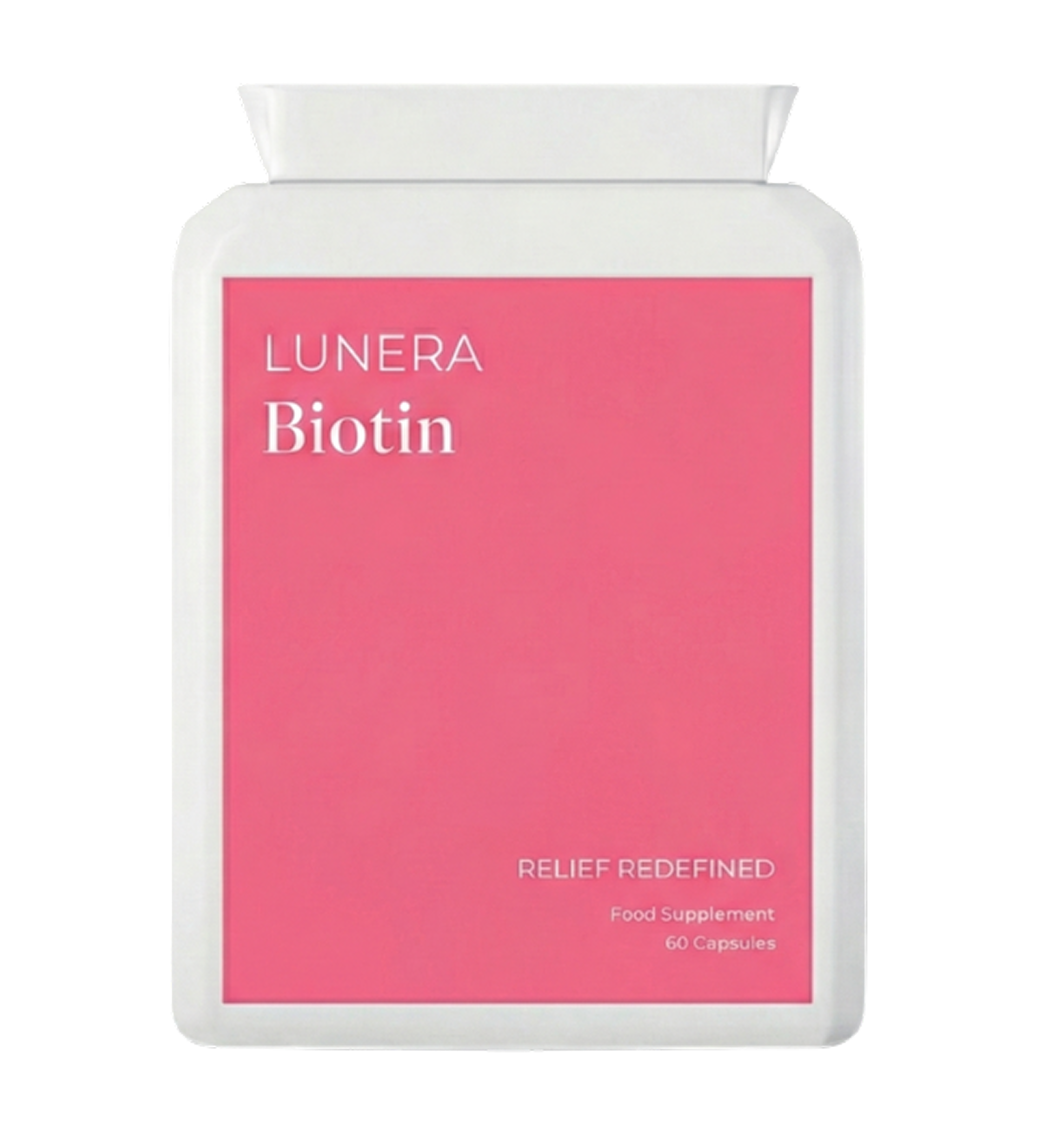 White bottle with pink label, 'Lunera Biotin' text.