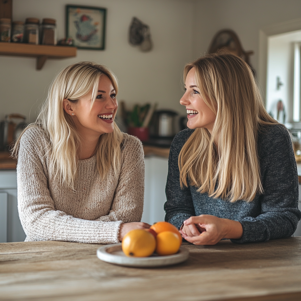 Two women smiling at each other in a kitchen with oranges on the table.