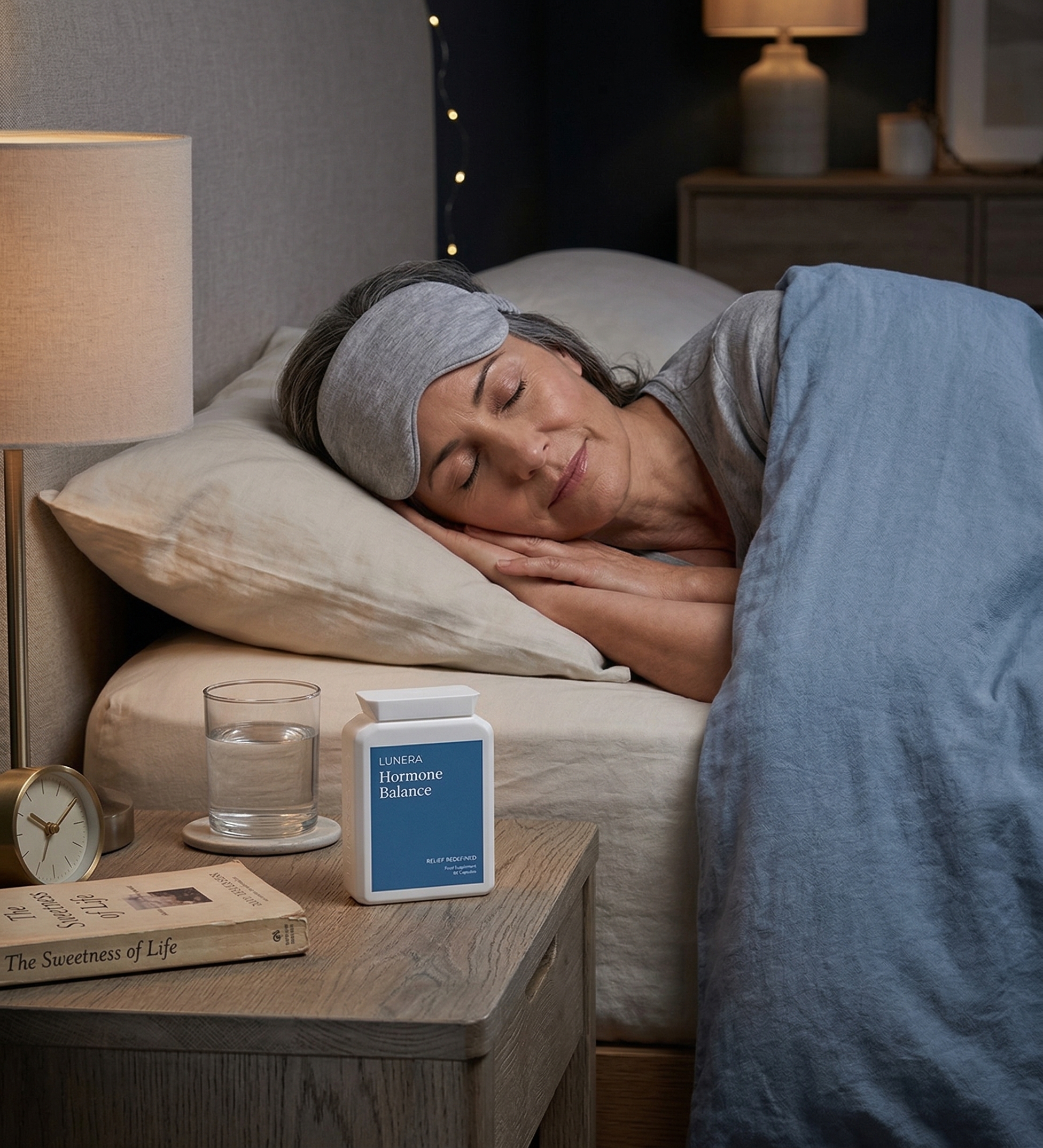 A woman wearing a sleep mask sleeps soundly with a bottle of supplements on her bedside table.