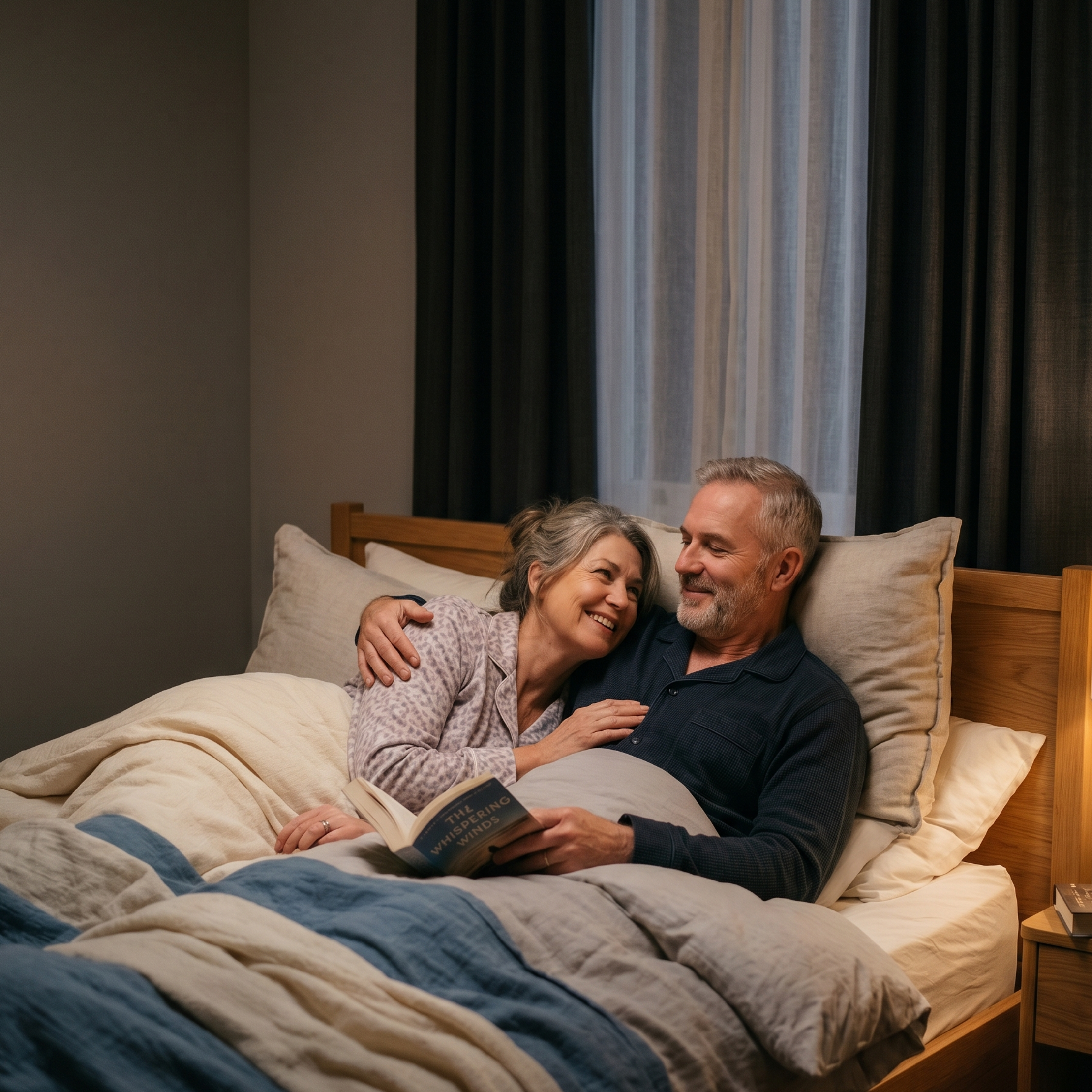 An older couple in pajamas smiling at each other while reading a book in bed.