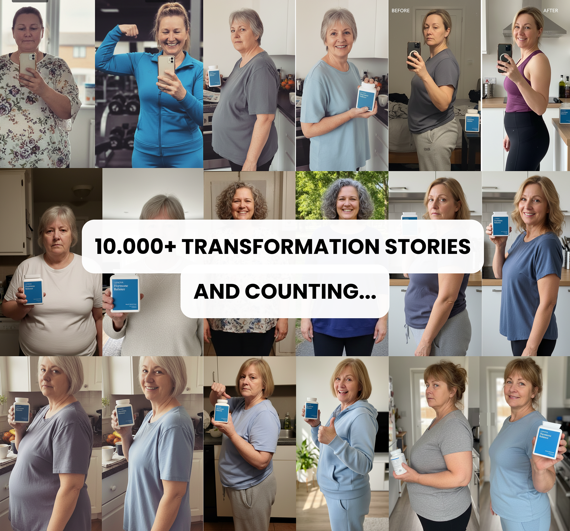 Collage of women holding products, showing before and after transformation photos.
