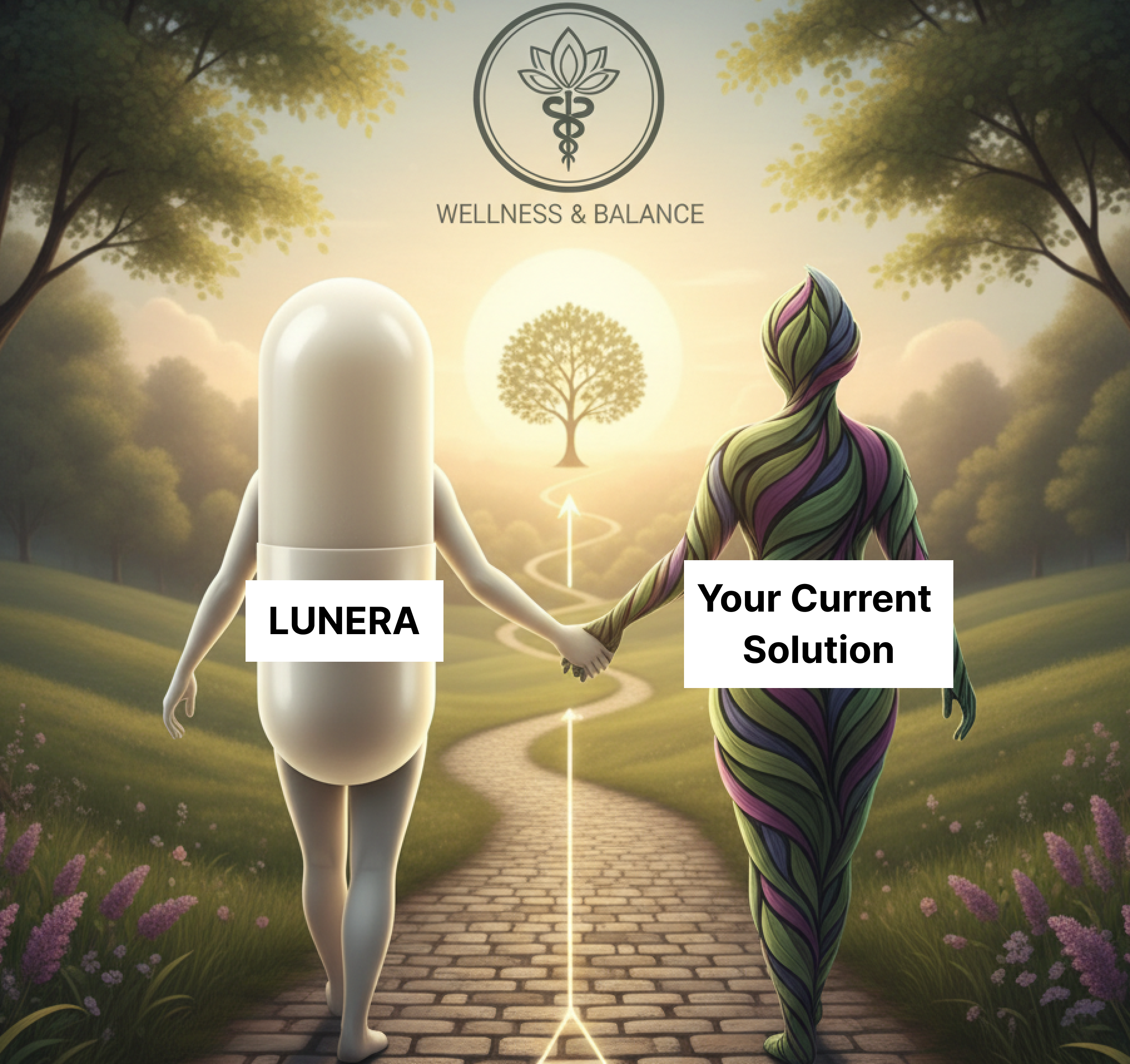 Two figures holding hands, one pill-shaped labeled 'LUNERA' and one leafy, on a path toward a tree.