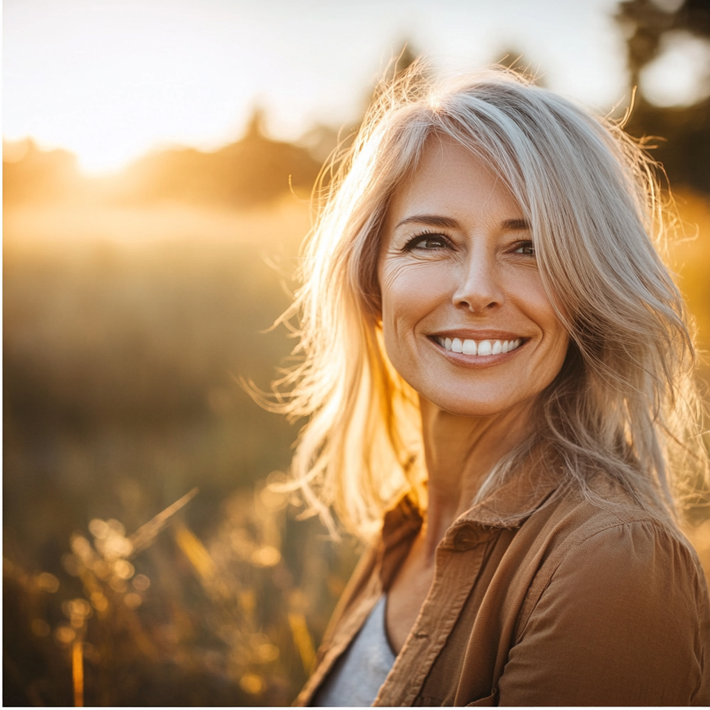 Smiling woman with gray hair in a sunlit field.