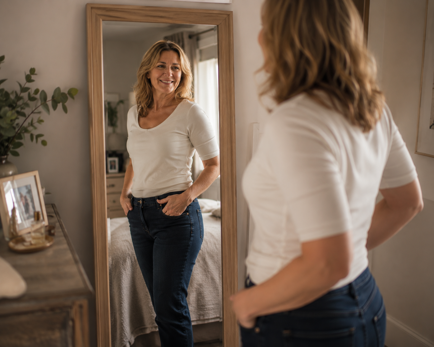 A woman in a white shirt and jeans smiles at her reflection in a full-length mirror.