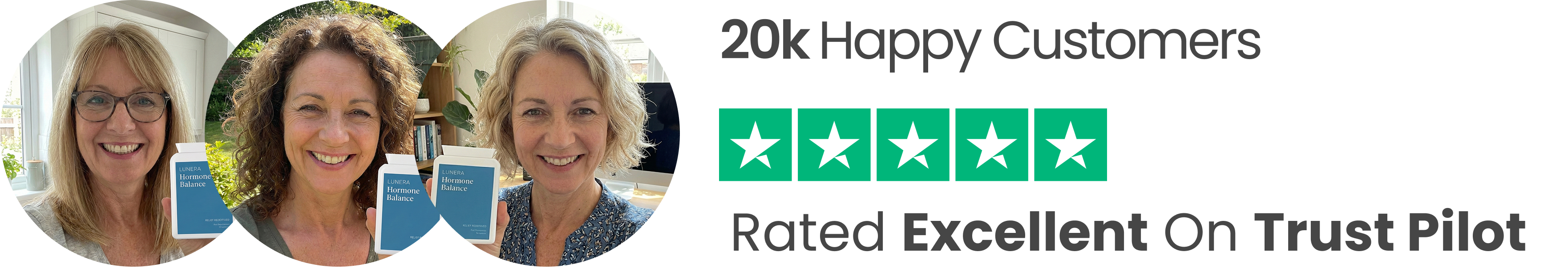 Three women holding supplement bottles next to a '20k Happy Customers' banner and a five-star Trust Pilot rating.