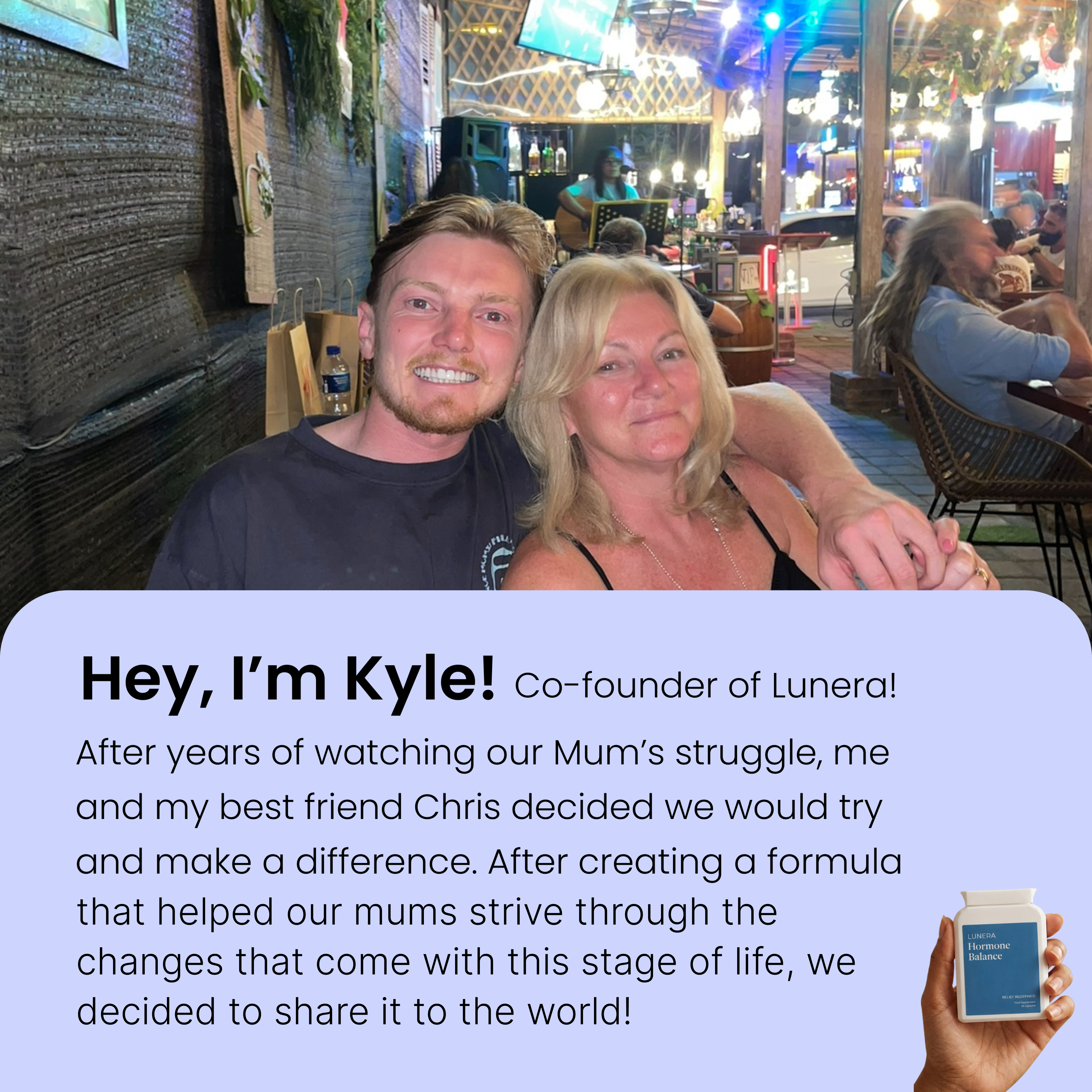 A young man and a woman smiling for a photo, with a text overlay and product image.