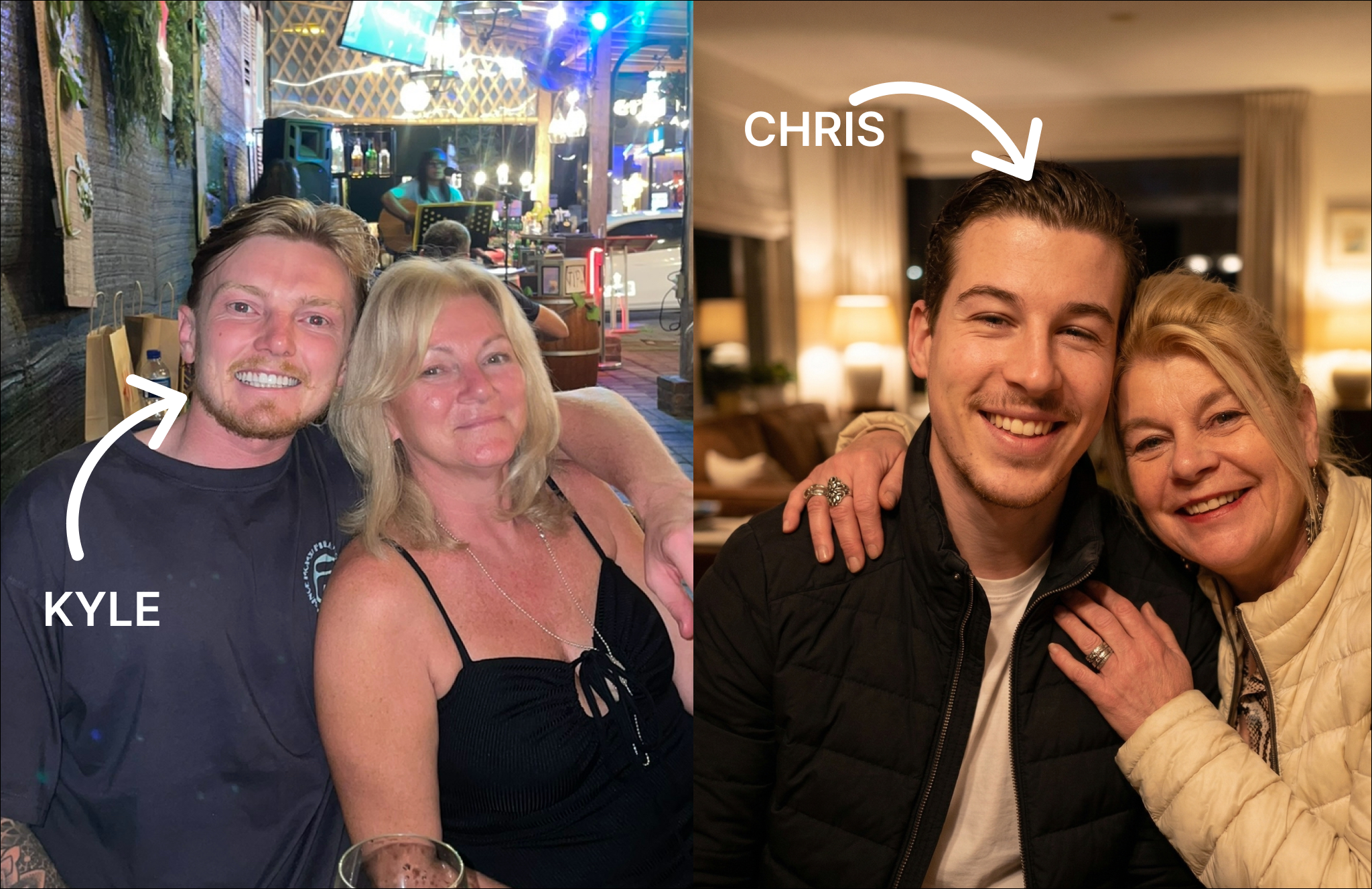 A split image showing a blonde woman posing separately with two different men, labeled Kyle and Chris.