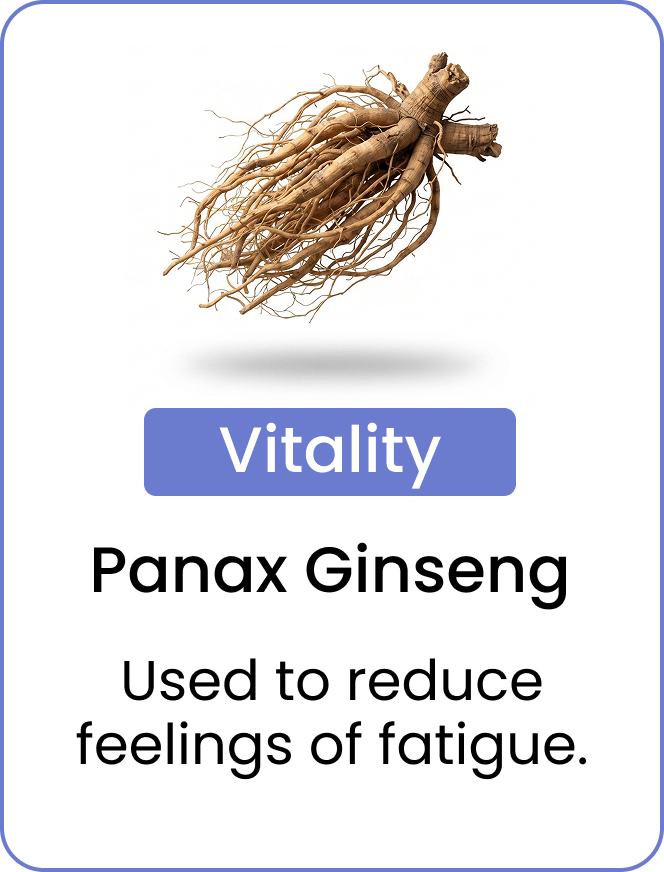 An image of a Panax Ginseng root with text describing its use for vitality and reducing fatigue.