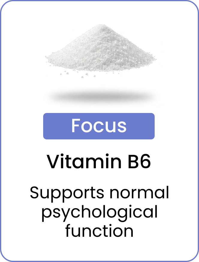 An infographic for Vitamin B6 showing a pile of white crystals with the text 'Focus'.