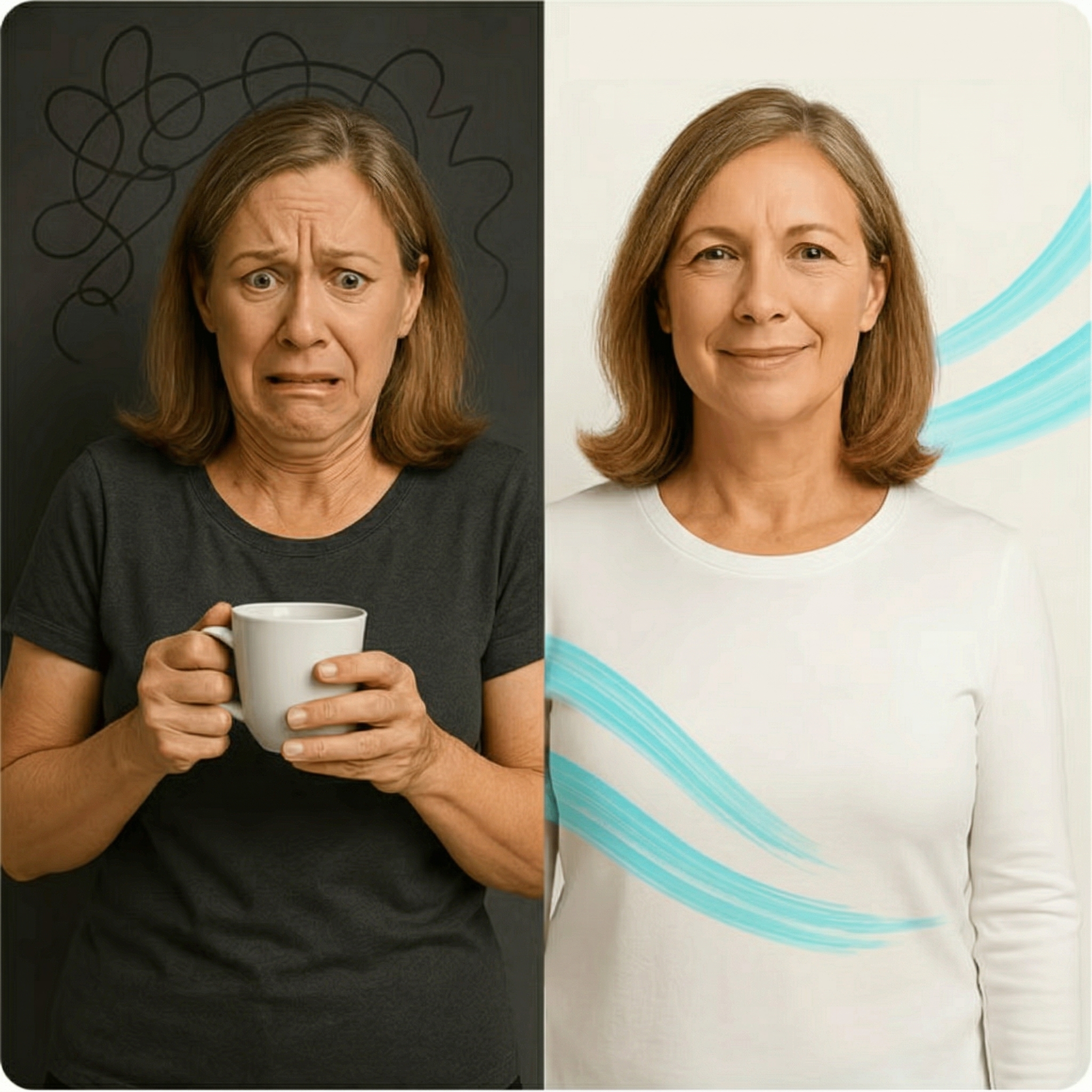 A woman looking stressed holding a cup, and then calm with a supplement bottle.