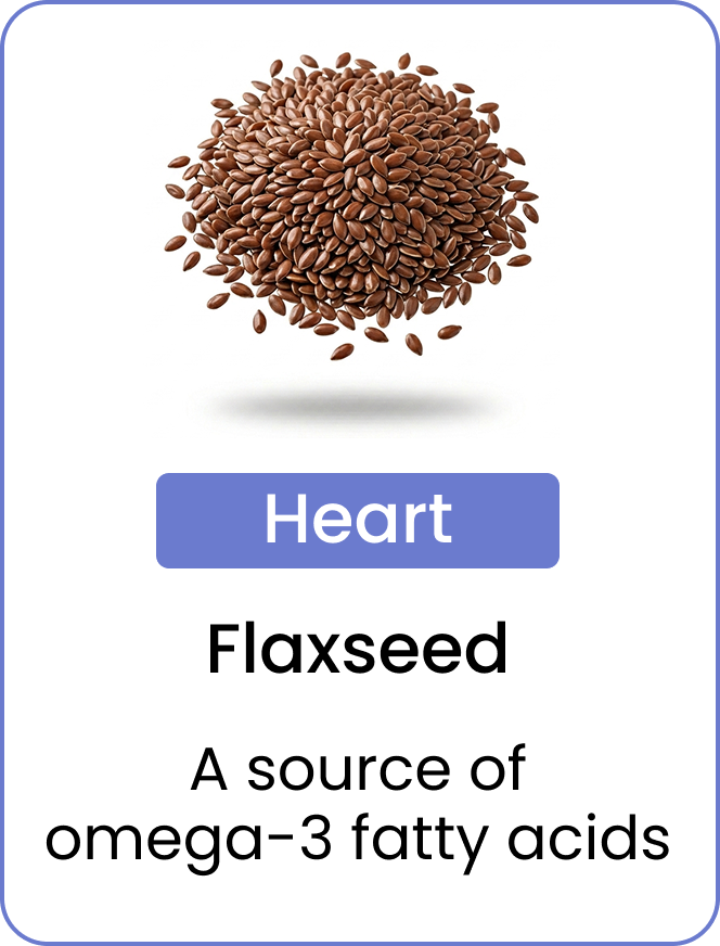 A pile of flaxseeds with text below it reading: 'Heart. Flaxseed. A source of omega-3 fatty acids.'