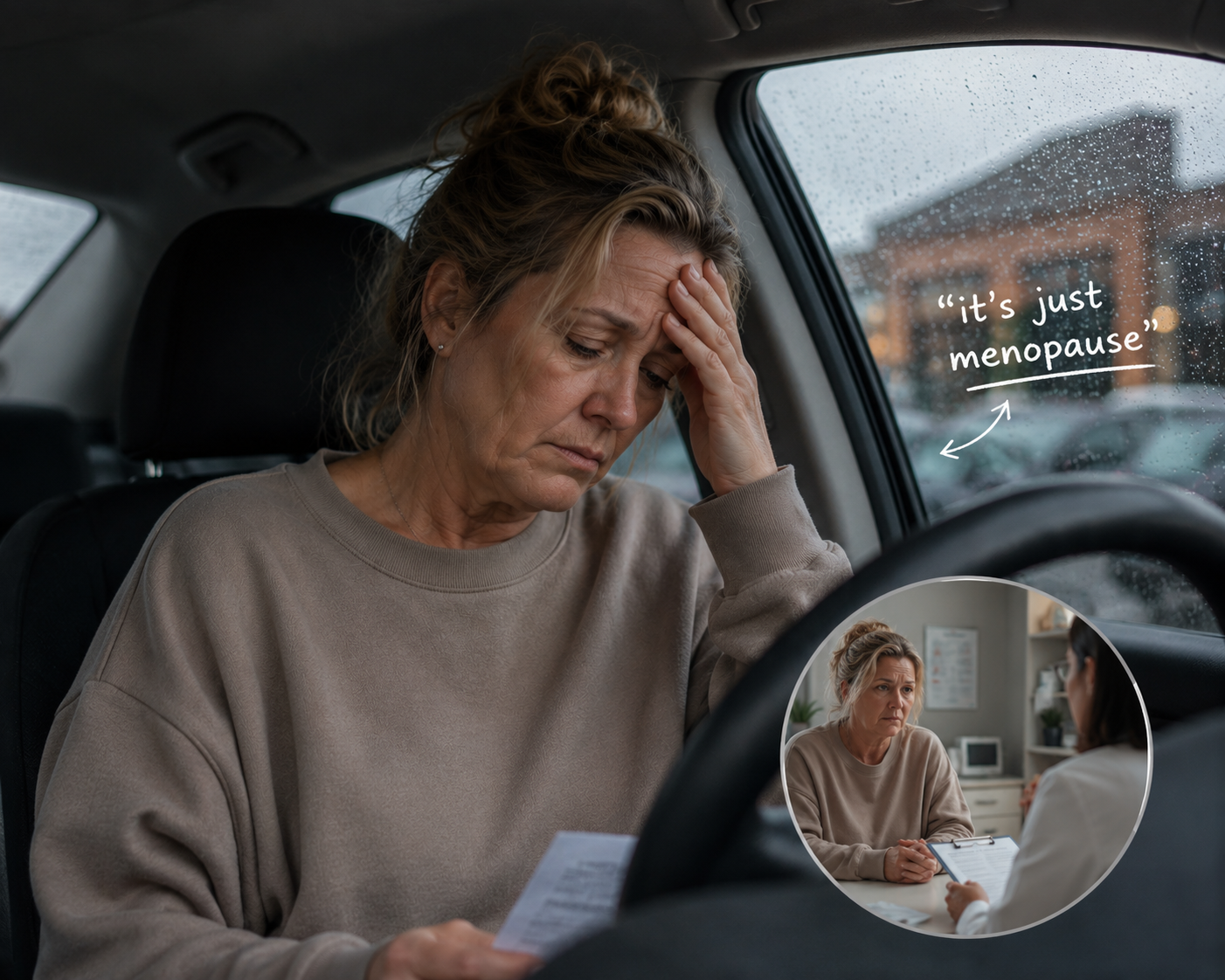 A distressed woman in her car recalls a doctor's visit with text that reads, 'it's just menopause'.