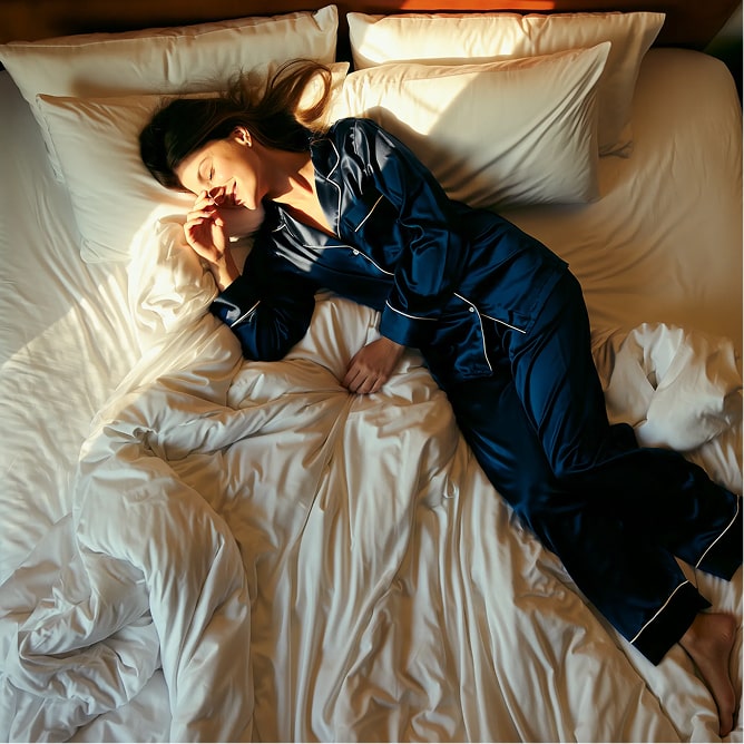Person in navy pajamas asleep on white bed.