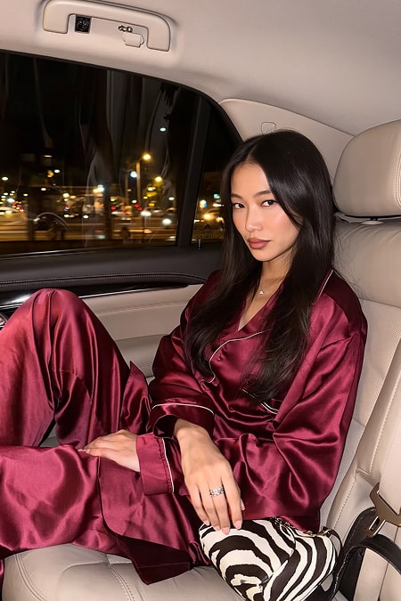 Person in red satin outfit sitting in a car at night.