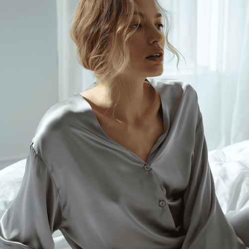 Person in gray silk shirt sitting on a bed with white curtains in background.