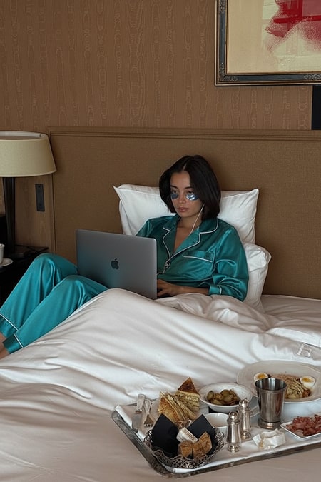 Person in teal pajamas on bed with laptop, breakfast tray nearby.
