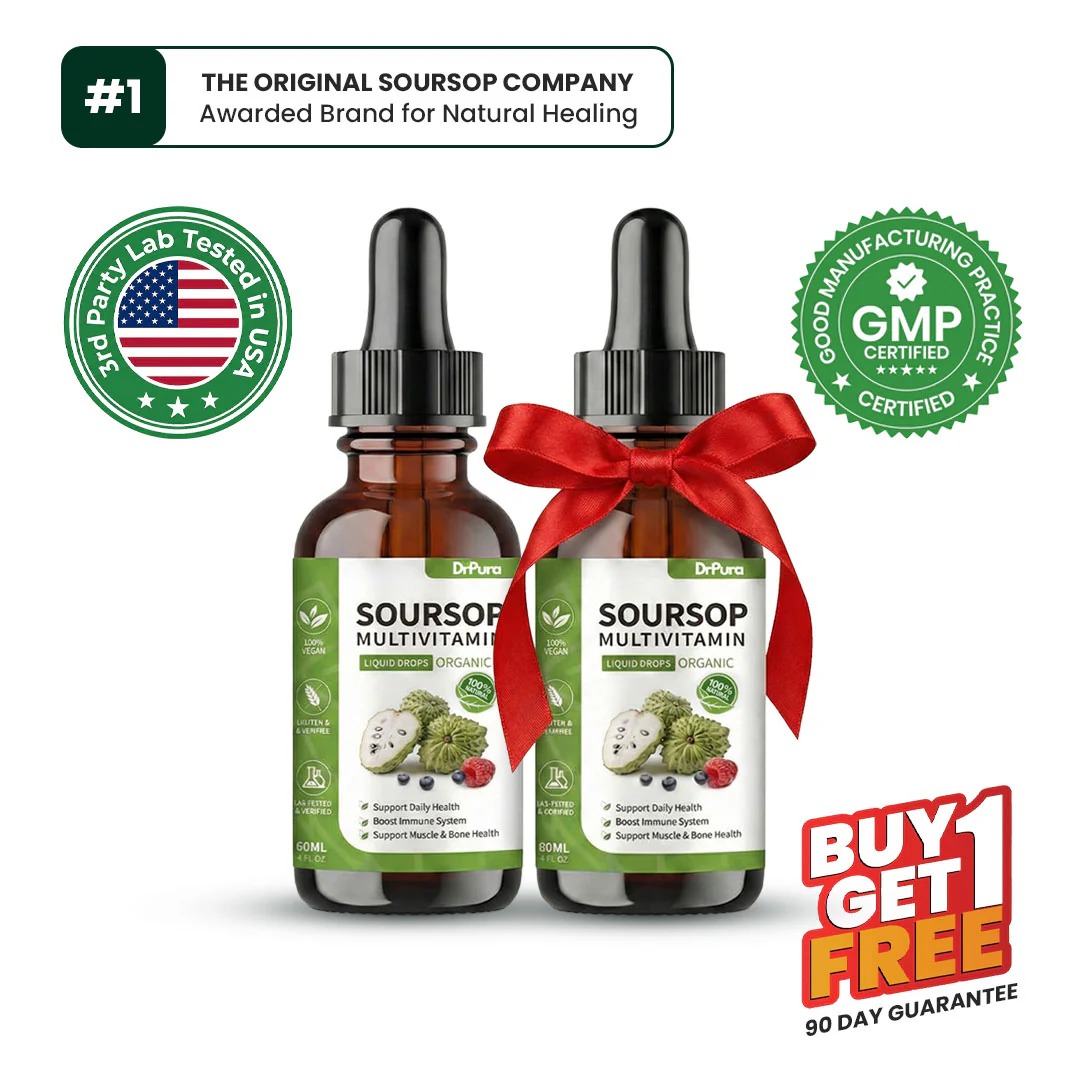 Two bottles of Soursop Multivitamin liquid drops tied with a red ribbon, advertised with a buy-one-get-one-free offer.