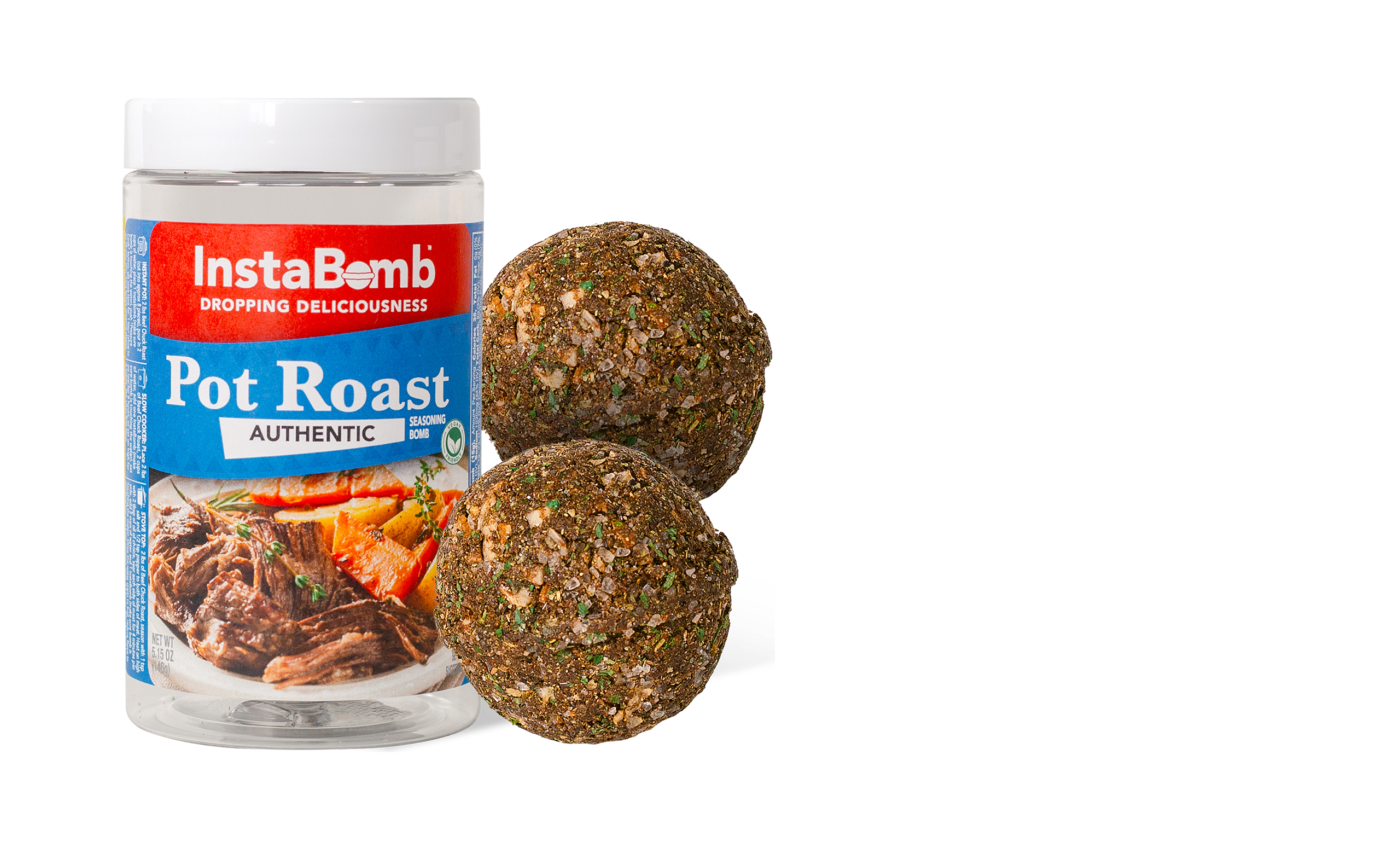 InstaBomb Pot Roast seasoning jar with two seasoning balls beside it.