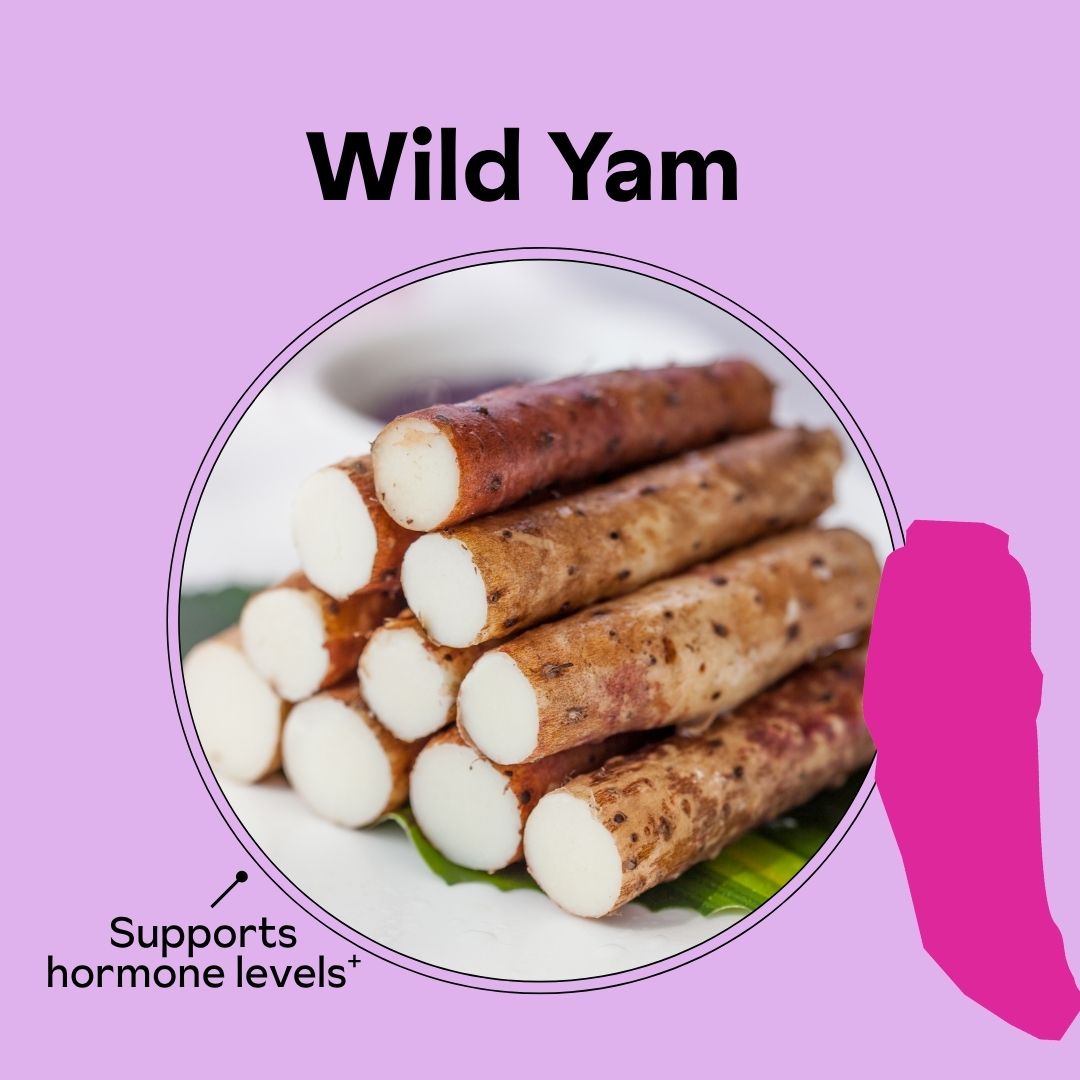 Stack of sliced wild yams on a purple background with text.