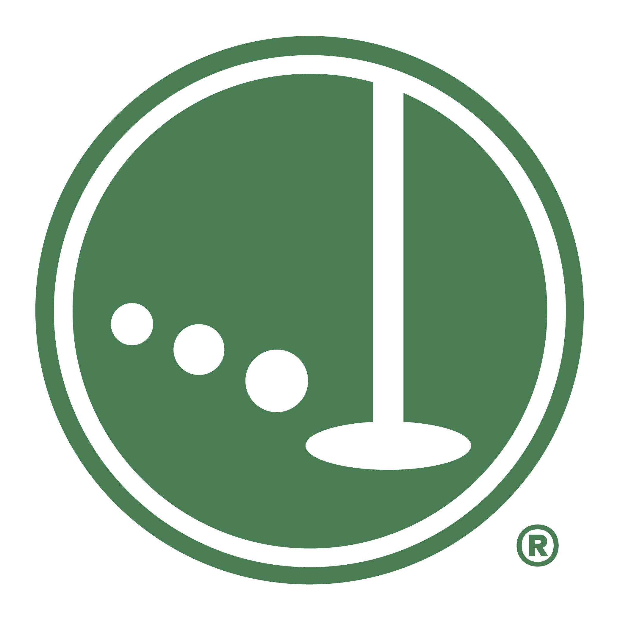 A circular green logo with a stylized white golf flag, hole, and three golf balls.