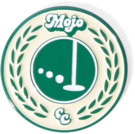 A cream and green circular golf pin with the word 'Mojo', a laurel wreath, and a golf hole graphic.